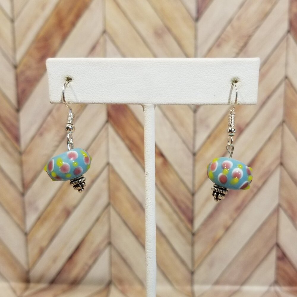 Blue, Pink, Yellow, and White Glass Bead Earrings